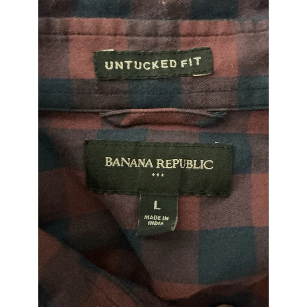 Banana Republic Shirt Mens Large Red Blue Plaid Button Up Long Sleeve Untucked